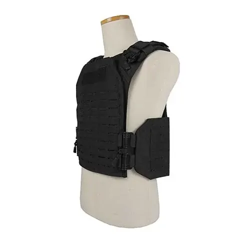 Black tactical vest on mannequin seen from the side