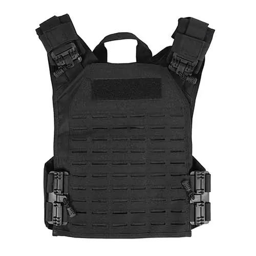 Black tactical plate carrier with MOLLE webbing and quick-release buckles