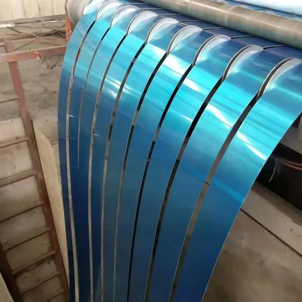 Slit steel strip coil with blue tinted surface on the floor