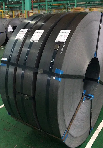 strapped slit steel coils with tags standing on a mill floor