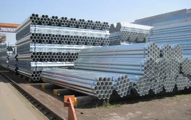 Galvanized steel pipe bundles stacked outdoors in a storage yard