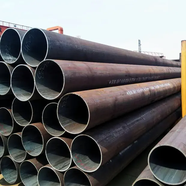 Stack of large-diameter welded steel pipes with open ends