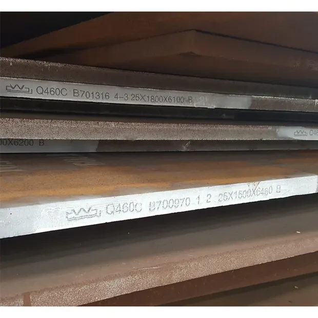 Close-up of hot rolled steel plate edge with painted markings