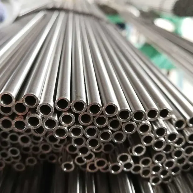 Bundle of small-diameter stainless steel round tubes seen end-on