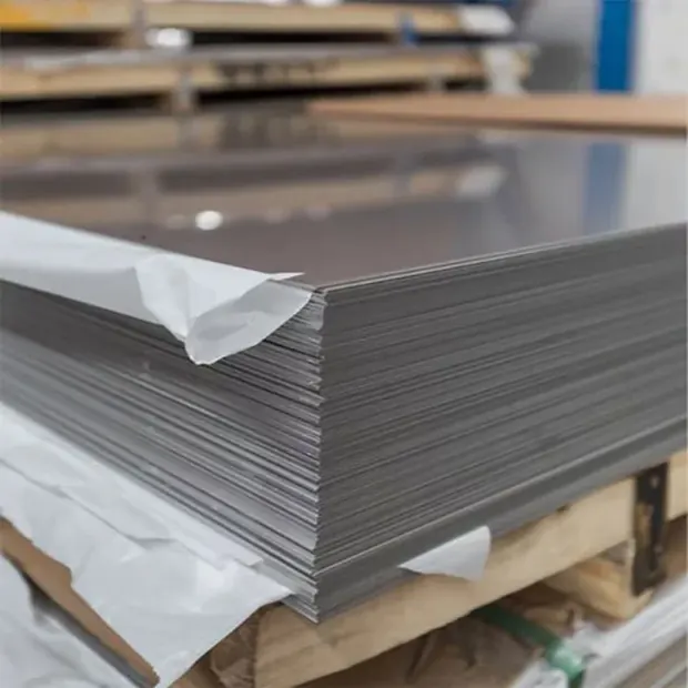 Stack of stainless sheets with protective film on a pallet