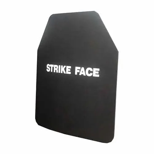 Black curved ballistic armor plate on a white background