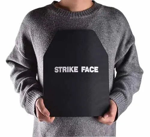 Person in a gray sweater holding a black ballistic armor plate