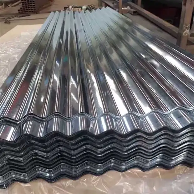 Fanned stack of corrugated galvanized roofing sheets