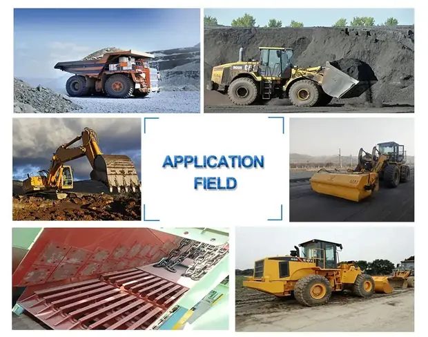 Collage of mining trucks, excavators and loaders with application field caption