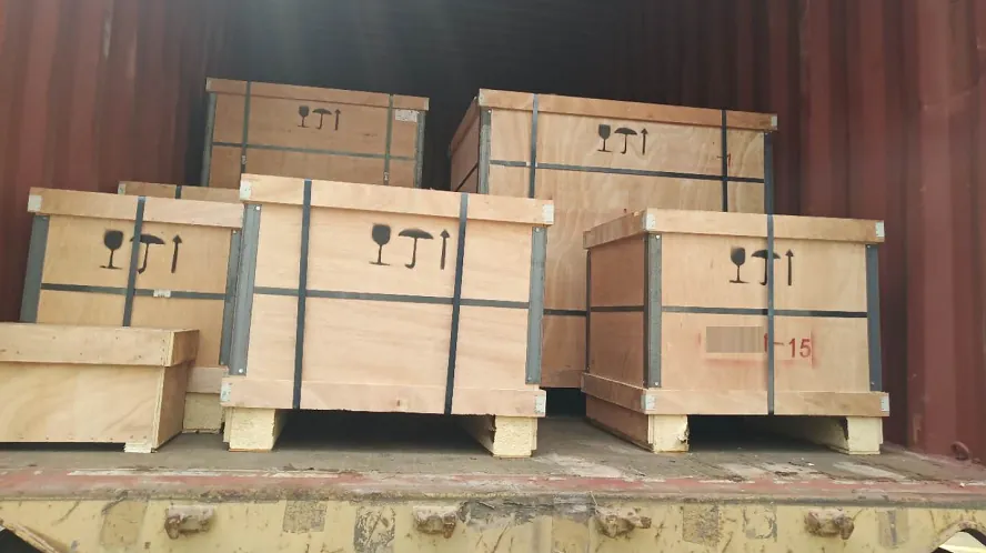 Fumigated wooden export crates stencilled TJ, packed for mould shipment from Dongguan