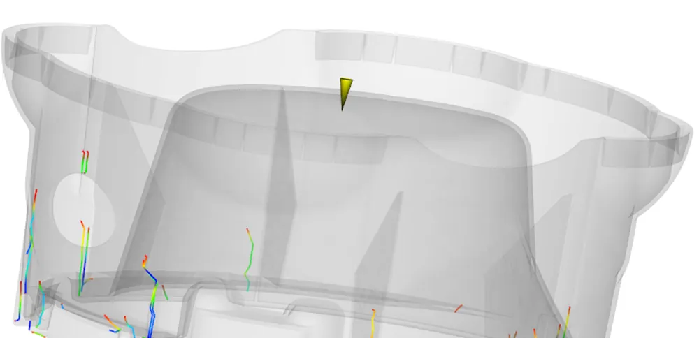 Moldflow result view marking weld lines and air trap positions on the moulded part