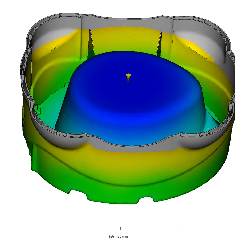 Moldflow fill simulation at end of fill showing last-filled zones on the outer wall