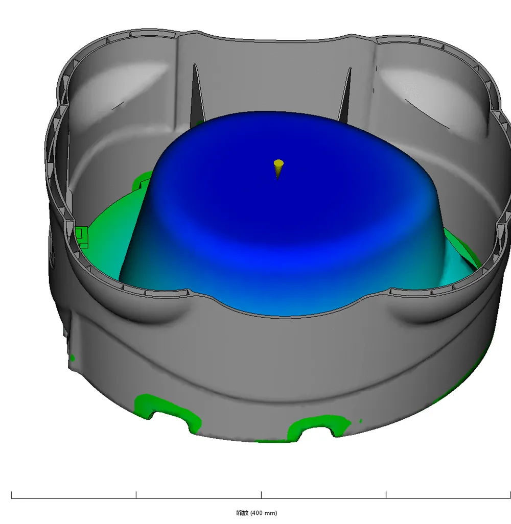 Moldflow fill simulation at mid stage with the melt front reaching the part ribs
