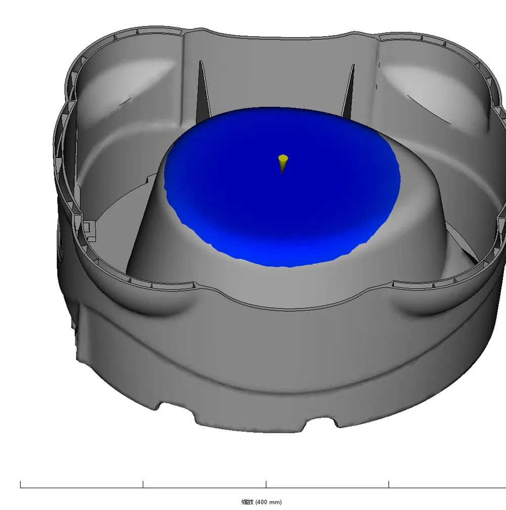 Moldflow fill simulation at first stage showing melt front leaving the gate