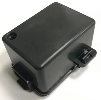 Moulded black electronic enclosure box with integrated snap latches and cable port