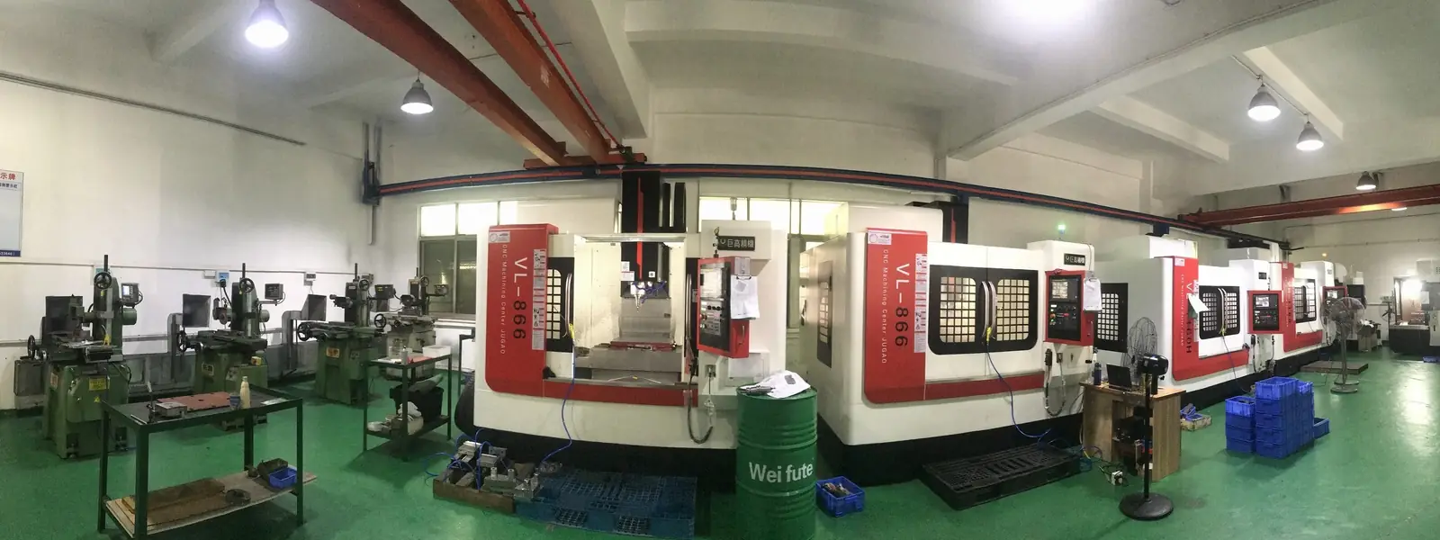 CNC bay with Jigao VL-866 machining centers and conventional mills