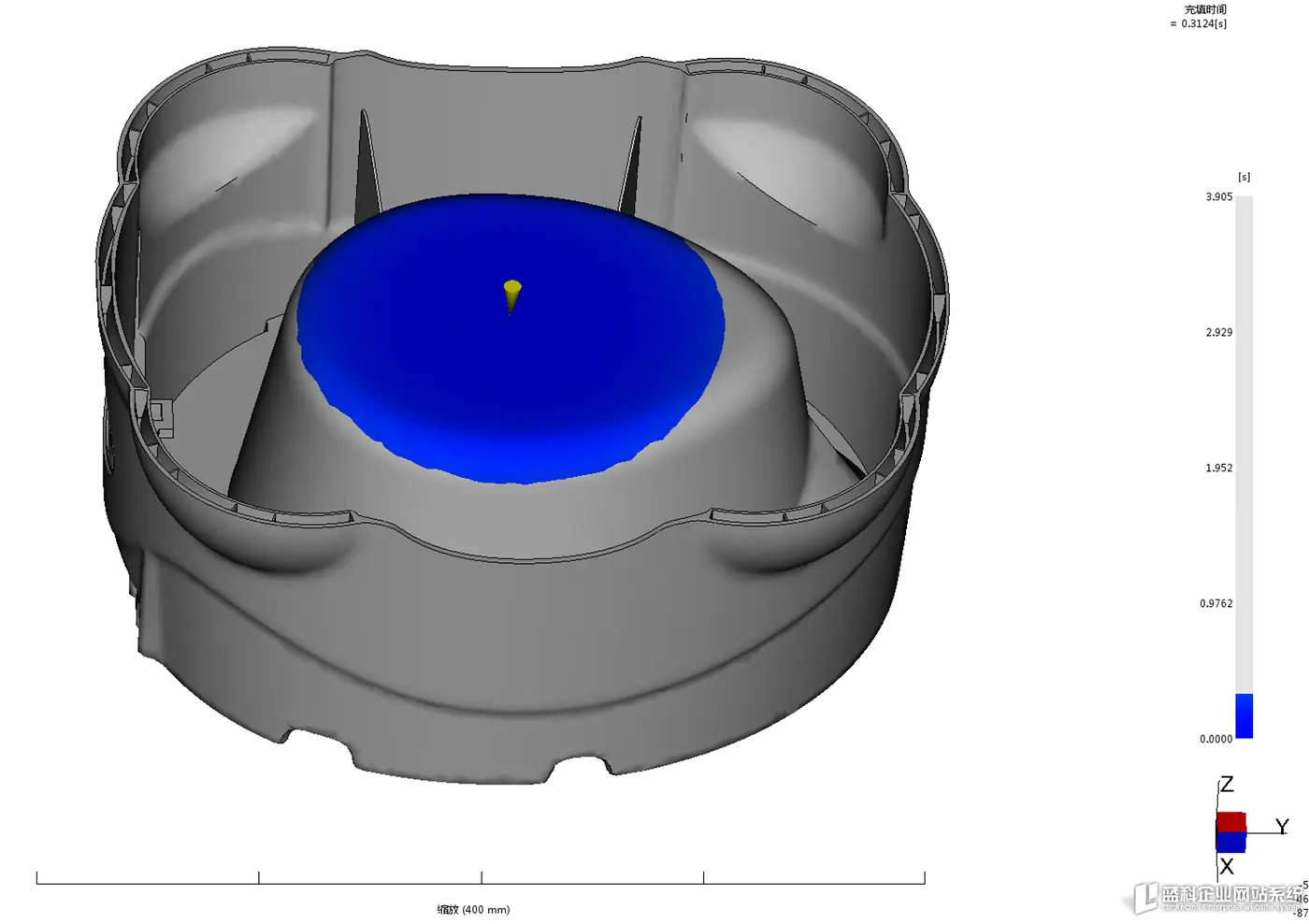 Fill-time style moldflow plot from the TJ-Teck Moldflow page