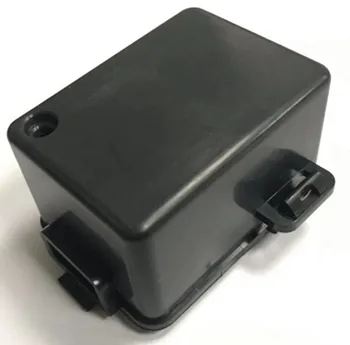 Small black rectangular plastic enclosure with a mounting tab and through-hole
