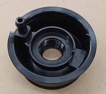 Black circular molded cap with internal thread and a side port