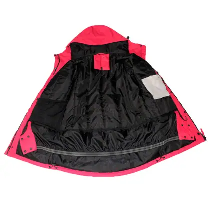Unisex pink ski jacket with connected hood view 2