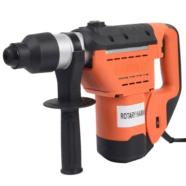 Orange and black SDS rotary hammer drill with side handle and depth stop on a white background