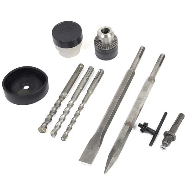 SDS hammer drill accessory set with bits, flat and pointed chisels, chuck, adapters and dust cup on white background