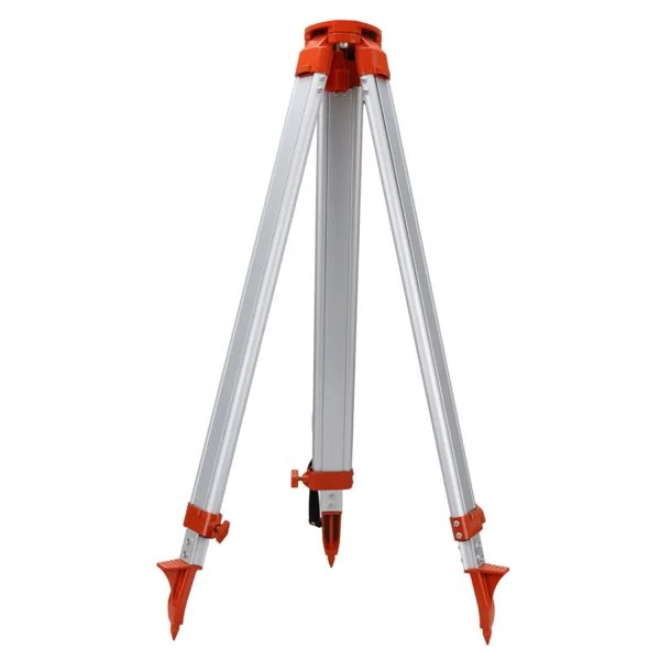 Orange and silver aluminum surveying tripod stand with three splayed legs, clamp levers and pointed steel feet
