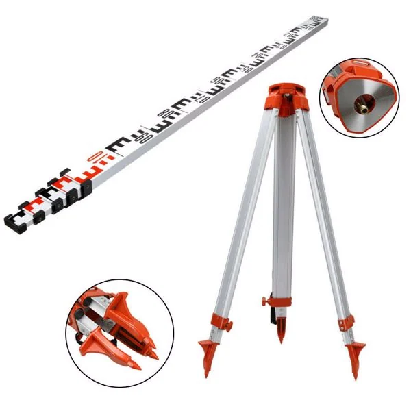 Aluminum tripod with orange accents shown with telescopic leveling staff marked in meters, plus detail insets of the tripod head and leg tips.