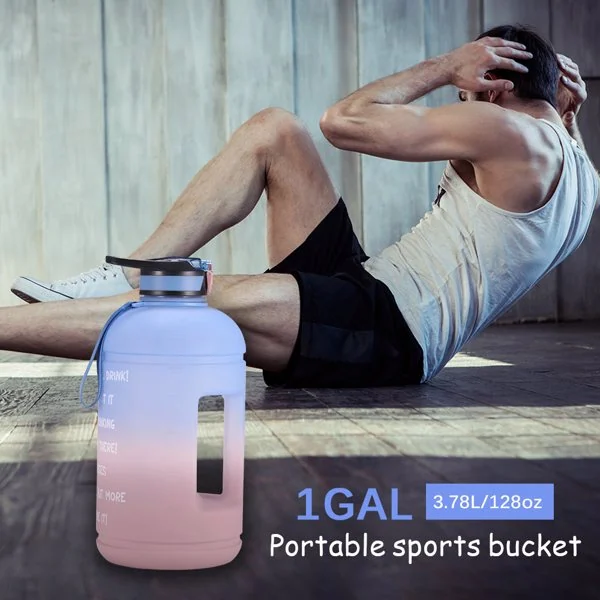Group of sports buckets in blue and pink colours arranged for promotional display