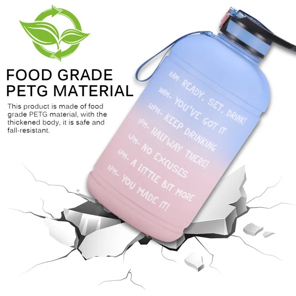 Blue and pink gradient one-gallon water bottle with time markers, shown with food-grade PETG material text overlay.