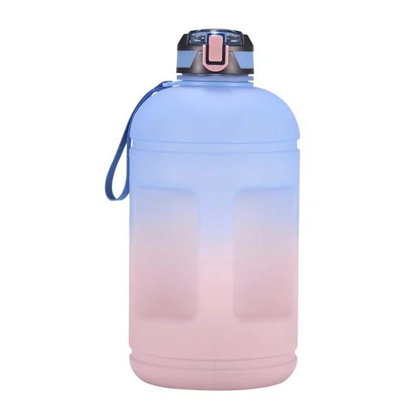 Large 1 gallon sports water bottle with blue-to-pink gradient, flip-top lid and carrying strap on white background