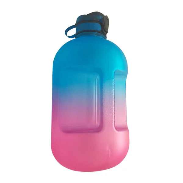 Blue and pink gradient 1 gallon plastic sports water bottle with black flip-top lid and carry loop