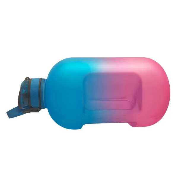Large blue-to-pink gradient plastic gallon water bottle with flip lid lying sideways on a white background