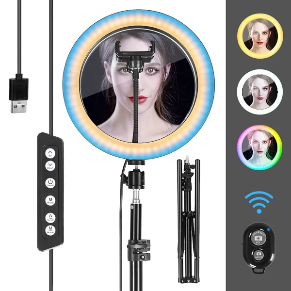Phone placed in the universal holder, aligned with the ring light and mirror