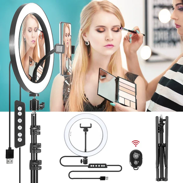 Woman applying makeup with a tripod-mounted 10-inch RGB ring light and beauty mirror.
