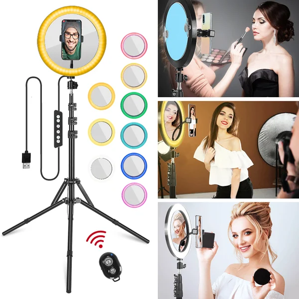 Collage of a 10-inch RGB ring light with tripod, mirror inserts, remote, and models applying makeup.