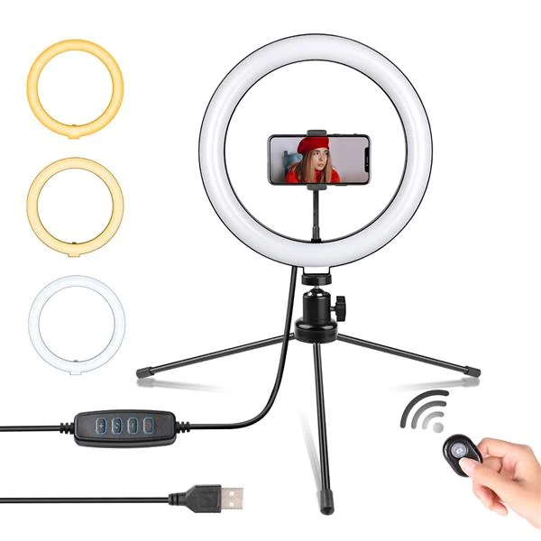 Ring light kit on tripod with phone mount, remote, and USB cable showing three color temperatures