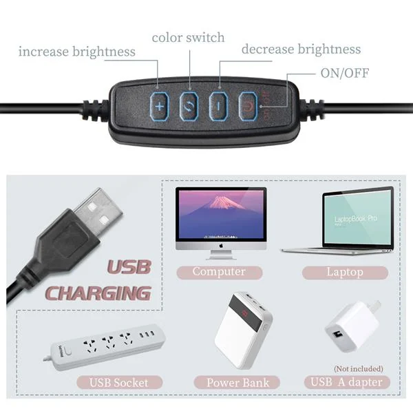 Ring light placed on a desk with a smartphone and laptop for video call setup