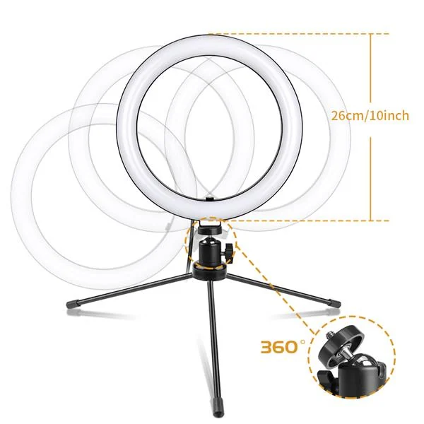10-inch LED ring light on black tripod stand with 26cm size and 360-degree rotation annotation callouts