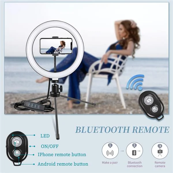 10 inch LED ring light on tripod with phone holder, shown with labeled Bluetooth remote control buttons.