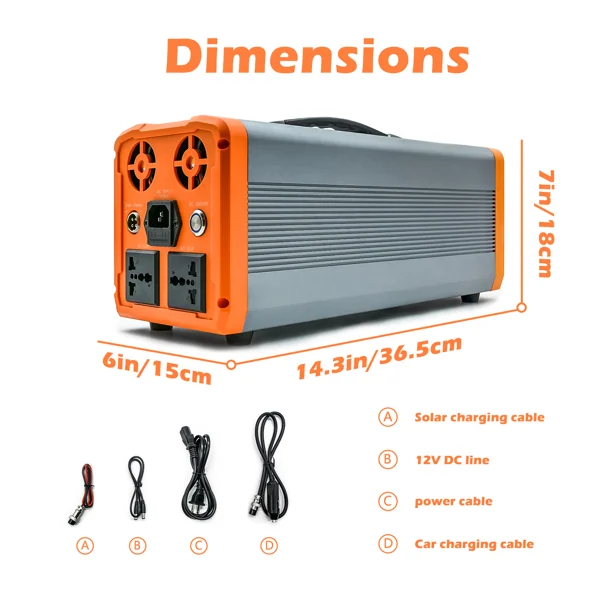 Dimension diagram of orange and gray portable power station showing size measurements and four labeled charging cables
