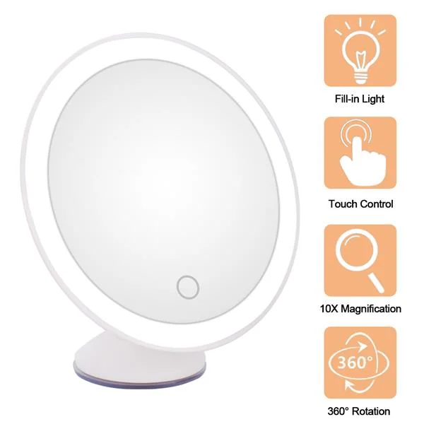 Round LED magnifying makeup mirror with icons for fill-in light, touch control, 10X magnification and rotation