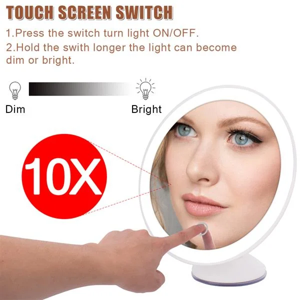 Infographic showing a 10X magnifying makeup mirror's touch switch with dim and bright settings, reflecting a woman's face