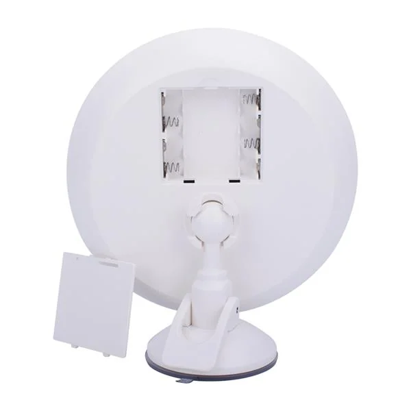 Back view of white LED makeup mirror with open battery compartment and suction cup base