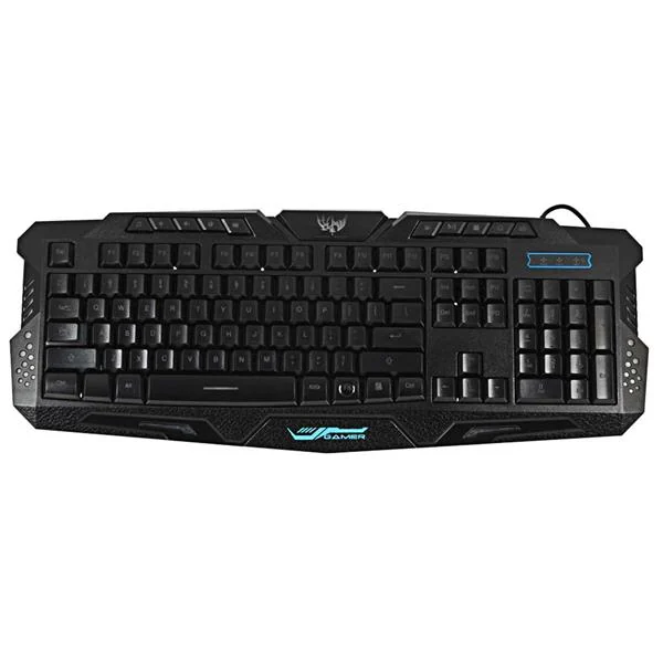 Black gaming keyboard featuring an ergonomic design, textured sides, and a glowing logo on the palm rest.