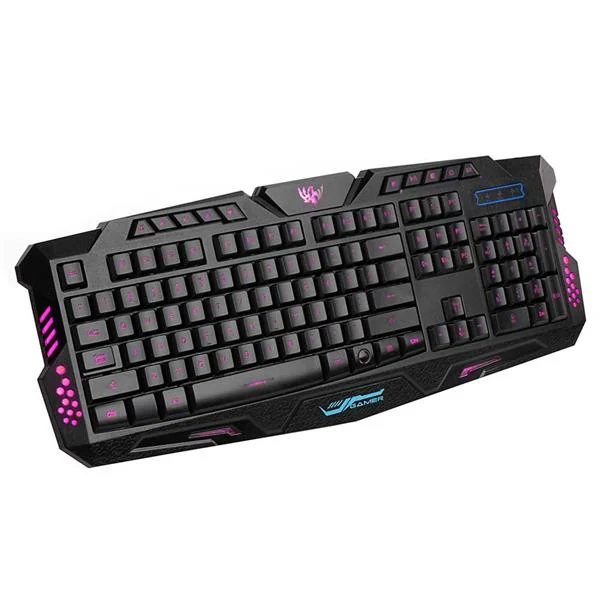 Black 114-key wired gaming keyboard with pink LED backlighting, angled view on a white background