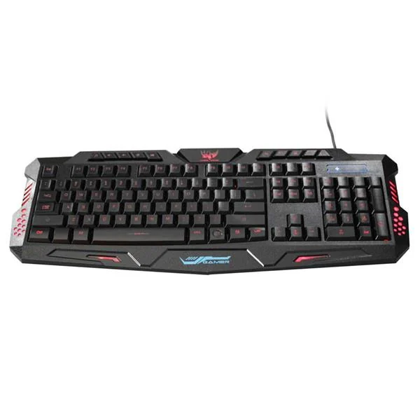 Black 114-key LED backlit wired USB gaming keyboard with red backlighting on a white background.