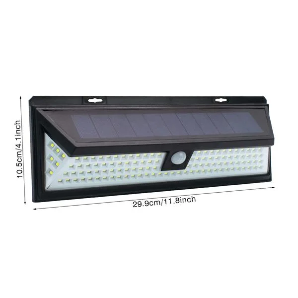118 LED solar wall light mounted on a building side with solar panel facing the sun