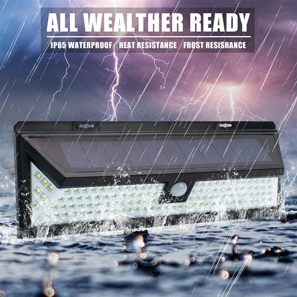 118 LED solar wall light displayed in a stormy environment to demonstrate IP65 waterproof and weather resistance.