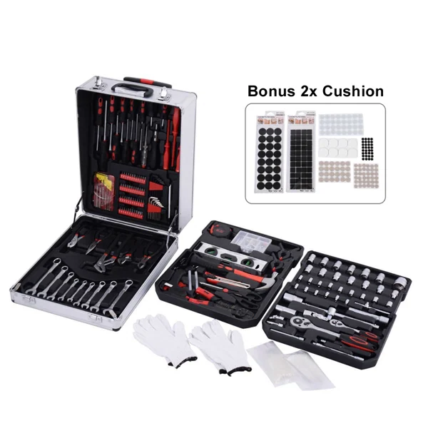 Open aluminum trolley tool case with wrenches, screwdrivers, socket trays, gloves and bonus cushion pads